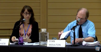 Marie Gauthier, LWVFC, and Stan Moulton, Daily Hampshire Gazette, August 2018: Hampshire, Franklin, & Worcester District State Senate Candidate Forum panelists